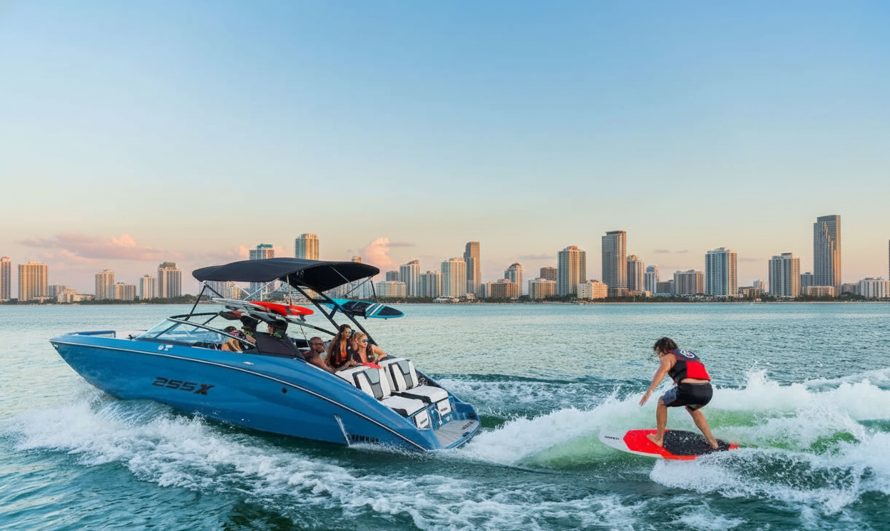 Wakeboarding boat rental in Miami with rider carving on the wake