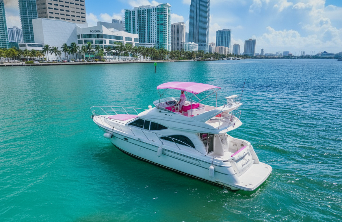 50ft Pink Rodman Miami yacht rental for events and parties