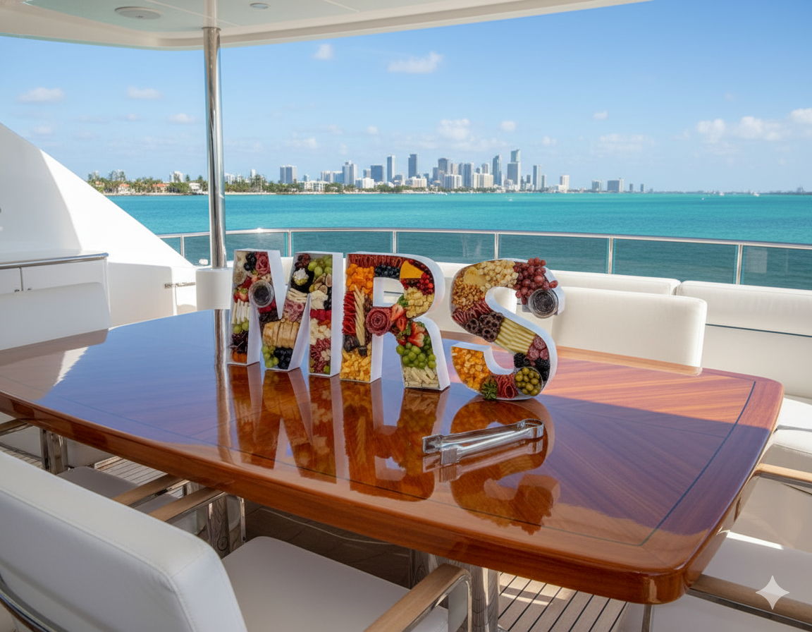 MRS letter charcuterie board on a yacht in Miami