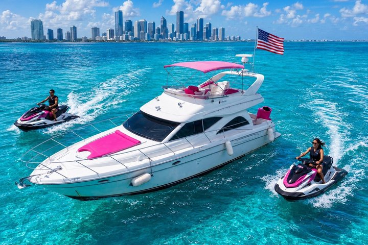 Cheapest yacht rentals in Miami 🎉 Find affordable yacht rentals, budget-friendly party boats & discounted charters with transparent pricing & no hidden fees. 72 50ft Maxum Bad Bunny Miami pink yacht rental with party vibes