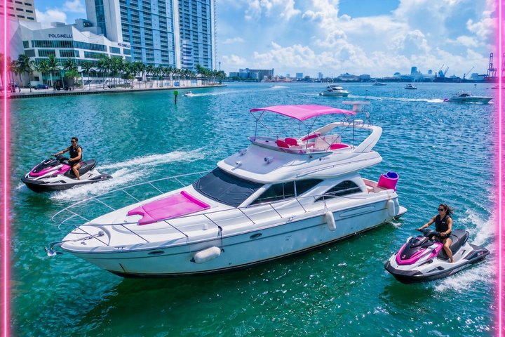 Cheapest yacht rentals in Miami 🎉 Find affordable yacht rentals, budget-friendly party boats & discounted charters with transparent pricing & no hidden fees. 70 Pink Maxum Hello Kitty — pink yacht in Miami for private charters