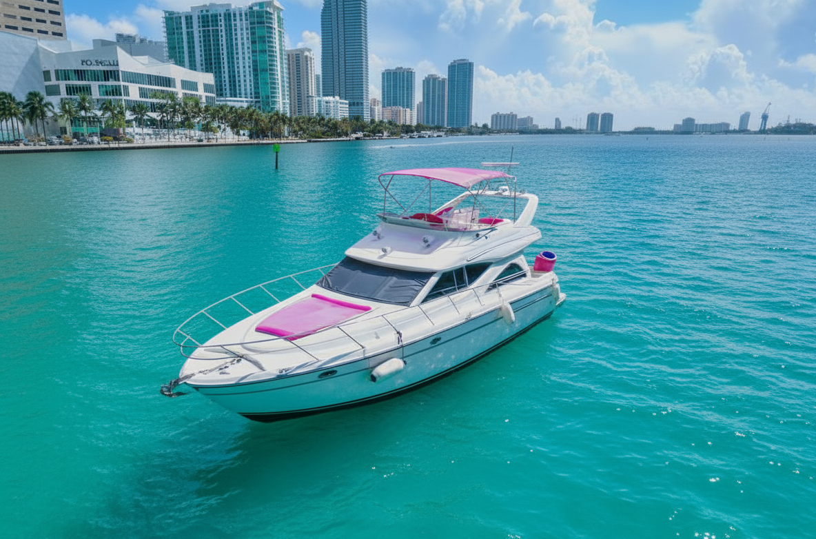 50ft Pink Maxum Hello Kitty themed Miami yacht rental