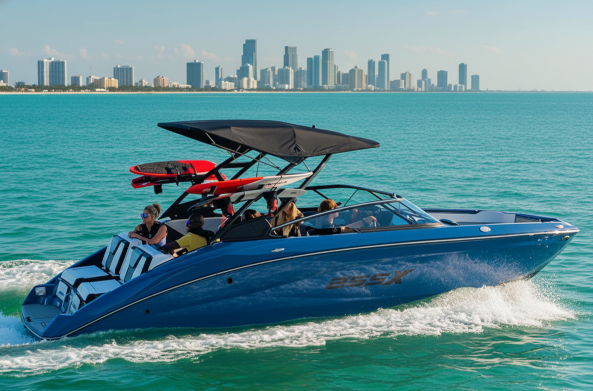 Wakeboarder riding behind a Miami charter boat with spray and wake