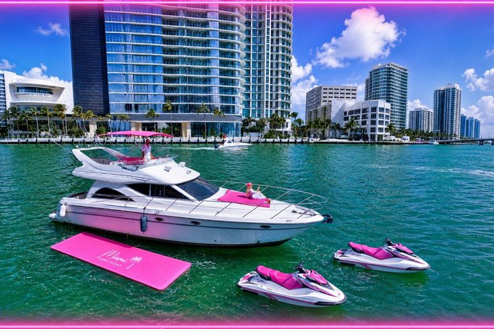 Cheapest yacht rentals in Miami 🎉 Find affordable yacht rentals, budget-friendly party boats & discounted charters with transparent pricing & no hidden fees. 73 50ft Maxum Sugar Sea pink yacht rental in Miami